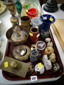 Parcel of metalware & china including desk blotter, studio pottery vases & animals