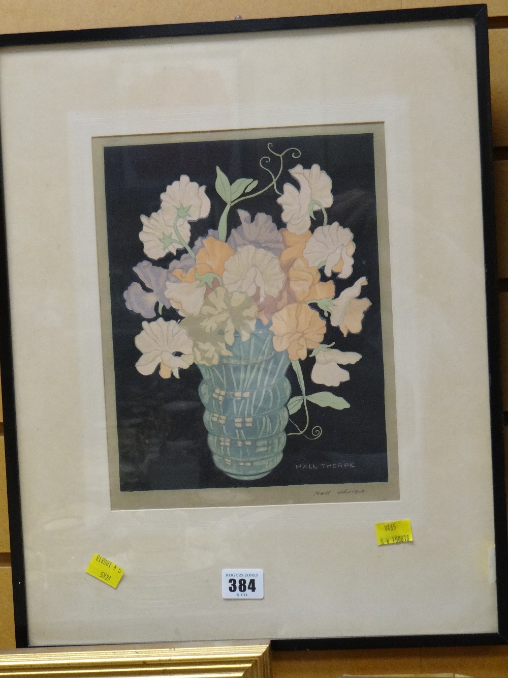 Vintage framed woodblock print - still life of sweet peas in a vase by HALL THORPE