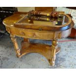 Small vintage oak two-drawer desk together with a walnut veneered bow front dressing table (