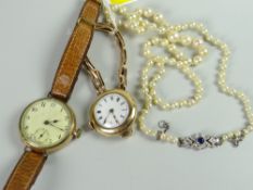 Two ladies' yellow metal watches, one hallmarked 9ct together with a single strand of pearls with