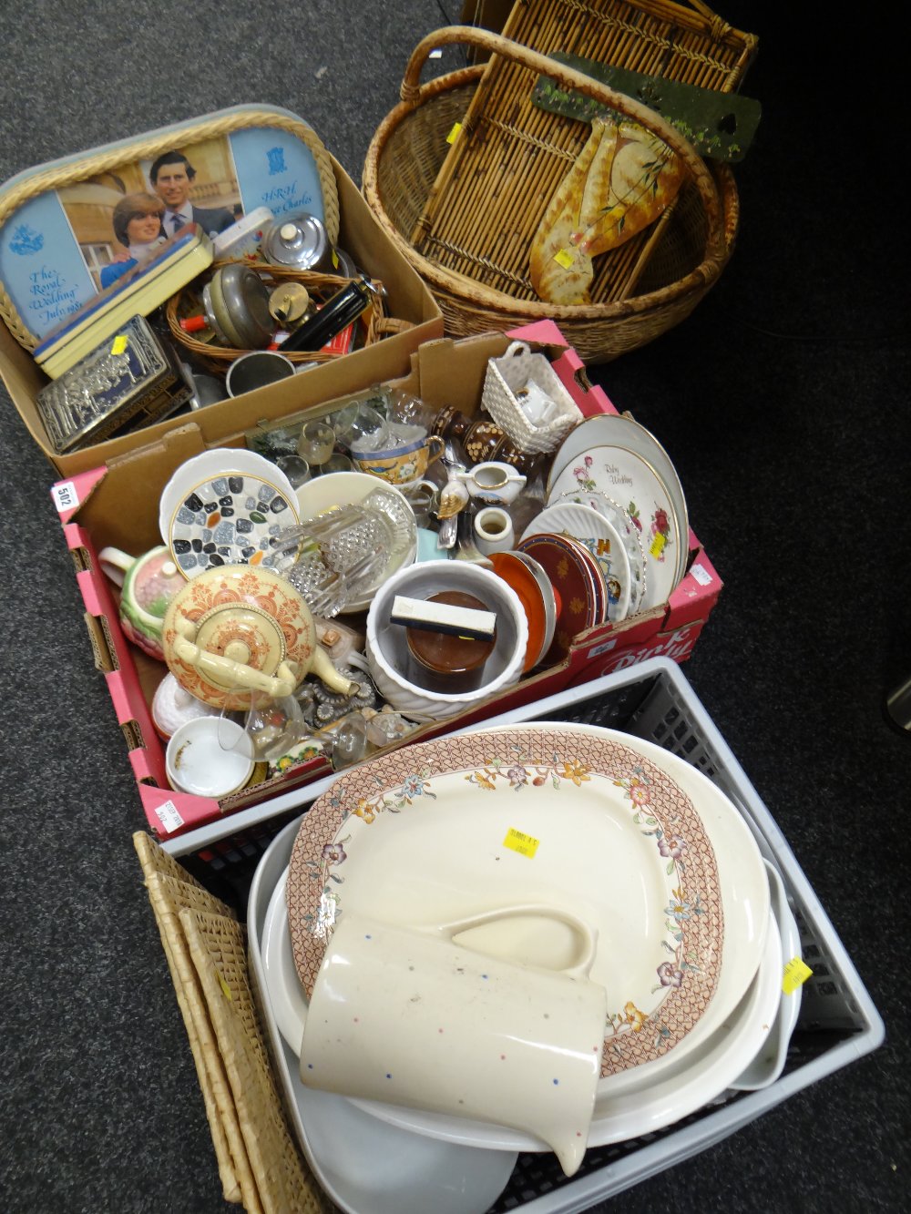 Approx. ten boxes of various china & glassware, plates, wicker baskets etc (proceeds to go to Breast