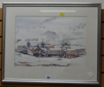 A framed print of a winter colliery scene by VALERIE GANZ