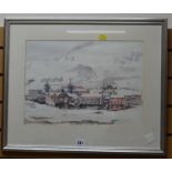 A framed print of a winter colliery scene by VALERIE GANZ