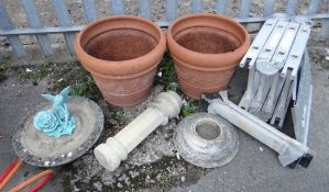 Two terracotta garden pots, a composite stone bird bath & telescopic folding ladder (outside)