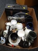 Box of various china including Portmeirion tankards, vintage records etc