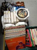 A box of household items, a box of collectors plates & a quantity of vinyl records