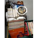 A box of household items, a box of collectors plates & a quantity of vinyl records