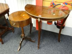 A small circular drum-type tripod table with single drawer & a reproduction half-moon hall table