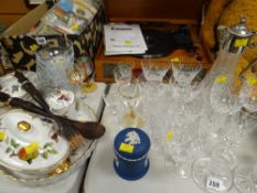 A quantity of cut glass drinking vessels, claret jug, Royal Worcester 'Evesham' cookware etc