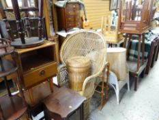 A parcel of mixed furniture including wicker peacock-type chair, coffee tables etc (buyer must