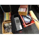 A parcel of items including kitchen cutlery, small electricals, child's block walker, CDs etc