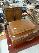 A writing slope & small wooden cabinet, vintage suitcase etc