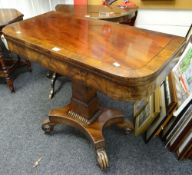 A William VI crossbanded mahogany foldover tea table with good carved & beaded base & having