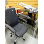 Two glass & chrome TV stands & a modern swivel office chair