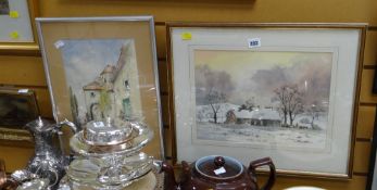 Framed watercolour by DUNCAN RUSSELL - farmhouse in winter together with a continental watercolour &