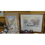 Framed watercolour by DUNCAN RUSSELL - farmhouse in winter together with a continental watercolour &