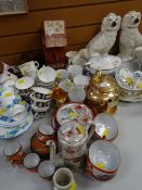 Parcel of various teaware coronation commemorative ware, two Staffordshire dogs etc