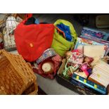 Two crates of mixed items including children's toys, books, household items, baskets etc (proceeds