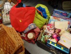 Two crates of mixed items including children's toys, books, household items, baskets etc (proceeds