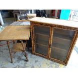 Bamboo & rattan side table together with a small glazed bookcase