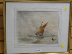 Framed watercolour by W VAN DUYR, sailboat in rough seas