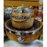 A polished wood & EPNS biscuit barrel & similar fruitbowl