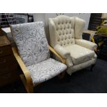 A good reproduction button backed & wing back armchair in a cream fabric together with a modern IKEA