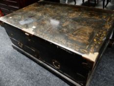 A large painted Oriental (distressed look) blanket chest with lift up section & base drawer