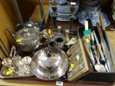 A tray of EPNS including muffin dish, egg cups, loose flatware
