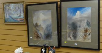 Two mid-twentieth century framed watercolours of alpine scenes together with a framed oil on board