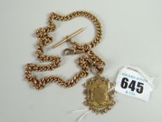 A 9ct gents engraved shield & pendant watch chain, 61grams