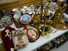 Parcel of metalware including brass companion set, brass pestle & mortar, copper tray, Naplesware