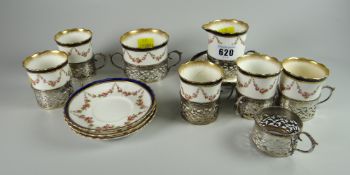 A small parcel of Crescent china England coffee cans with hallmarked silver holders (some damage)