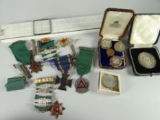 Collection of bar brooches, bar brooch award, football medallions, cased slide rule etc
