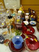 Small parcel of various items of coloured glass together with a tray of various china including