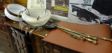 Two vintage glass ceiling shades & a parcel of brass fire companion set etc