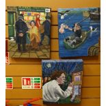 Three oils on canvas by KARL HODGSON depicting Dylan Thomas themes