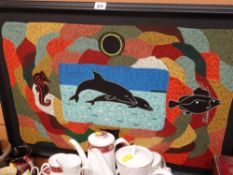 An aboriginal pinhole painting of dolphins etc, signed B H