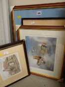 Parcel of framed prints including vintage airplanes, limited edition print of cottage at Merthyr
