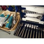 A Walker & Hall fish cutlery set with servers & a basket of loose cutlery etc