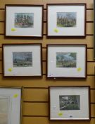 Set of five framed coloured etchings including The International Exhibition of 1862, King's Cross