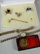 Two modern ladies' wristwatches, miniature crown jewels collection & a yellow metal ladies' fob