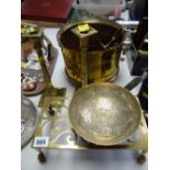 A pair of old gas burners, a pair of brass candlestick holders, a kettle stand etc