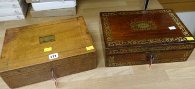 A mahogany & brass inlaid writing box together with an oak & brass banded writing box