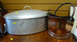 A fish pan & a beaten copper helmet coal scuttle