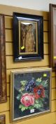 Framed crystoleum of a Japanese geisha together with a framed cream floral cross stitch