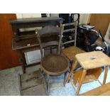 Vintage oak linen fold-style side table & small stool, bentwood chair, rush seated chair etc