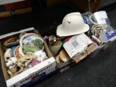 Four boxes of various household items including china, clocks, vases, small electricals etc