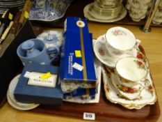 Tray of mixed china including Wedgwood Jasperware, Royal Worcester & Royal Albert