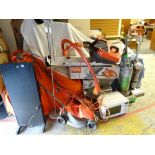 Parcel of various electricals including Flymo hedge trimmer, strimmer, Flymo rotary lawn mower,